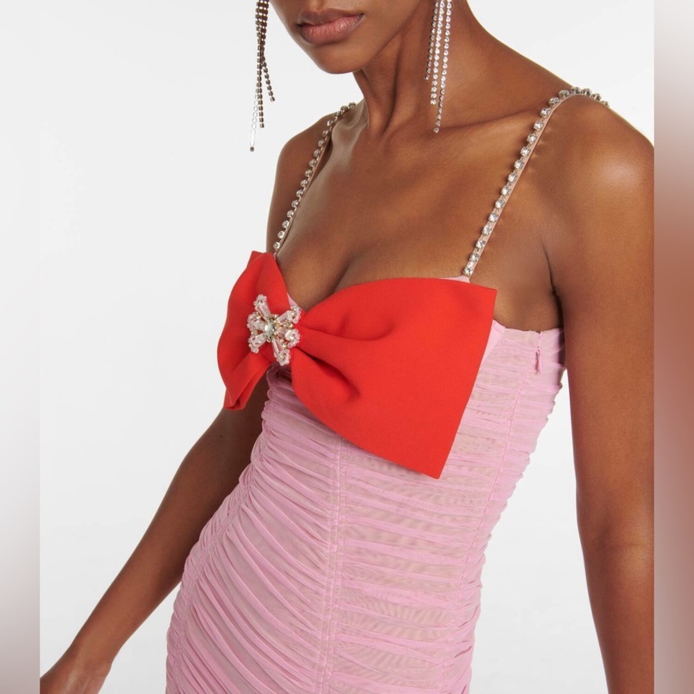New! Self Portrait Bow Embellished Ruched Pink & Red Mini Dress 🎀 size 10 - Picture 5 of 16
